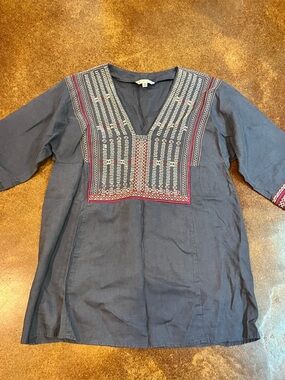 CAbi Embroidered Linen V-Neck Tunic in Slate Blue with Red & Cream Accents